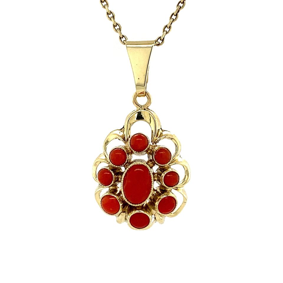 Vintage 14K Gold Cluster Pendant with Red Coral