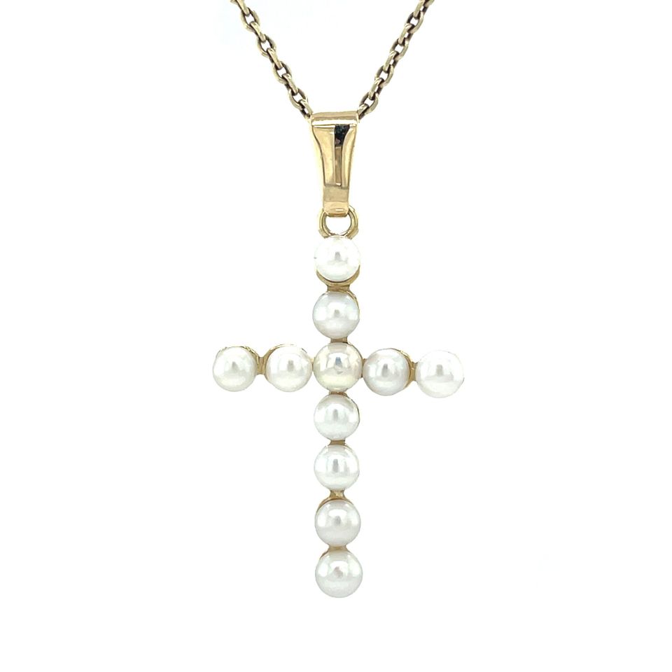 Vintage 14K Gold Cross Pendant with Pearl