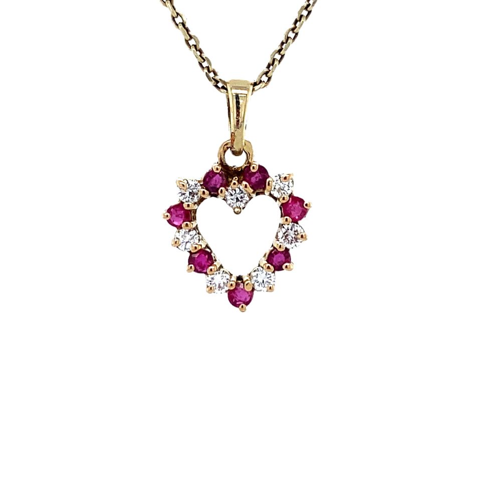 Vintage 14K Gold Heart Pendant with Ruby and Diamond