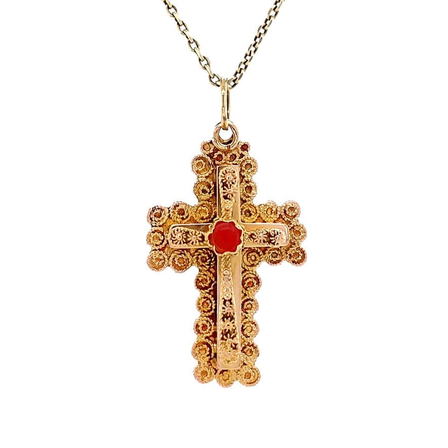 Vintage 14K Gold Cross Pendant with Red Coral