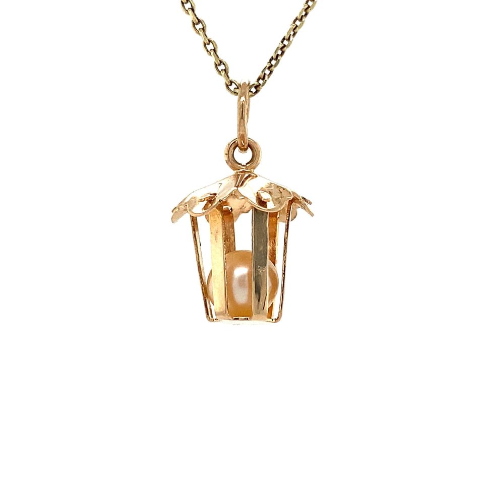 Vintage 18K Gold Pendant Lantern with Pearl