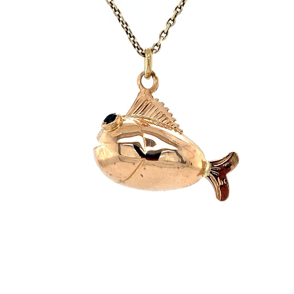 Vintage 14K Gold Fish Pendant with Colored Stone