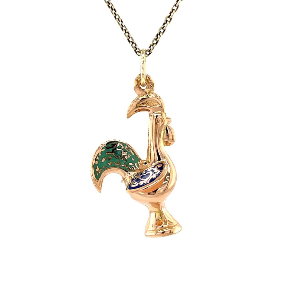 Vintage 14K Rose Gold Rooster Pendant with Enamel