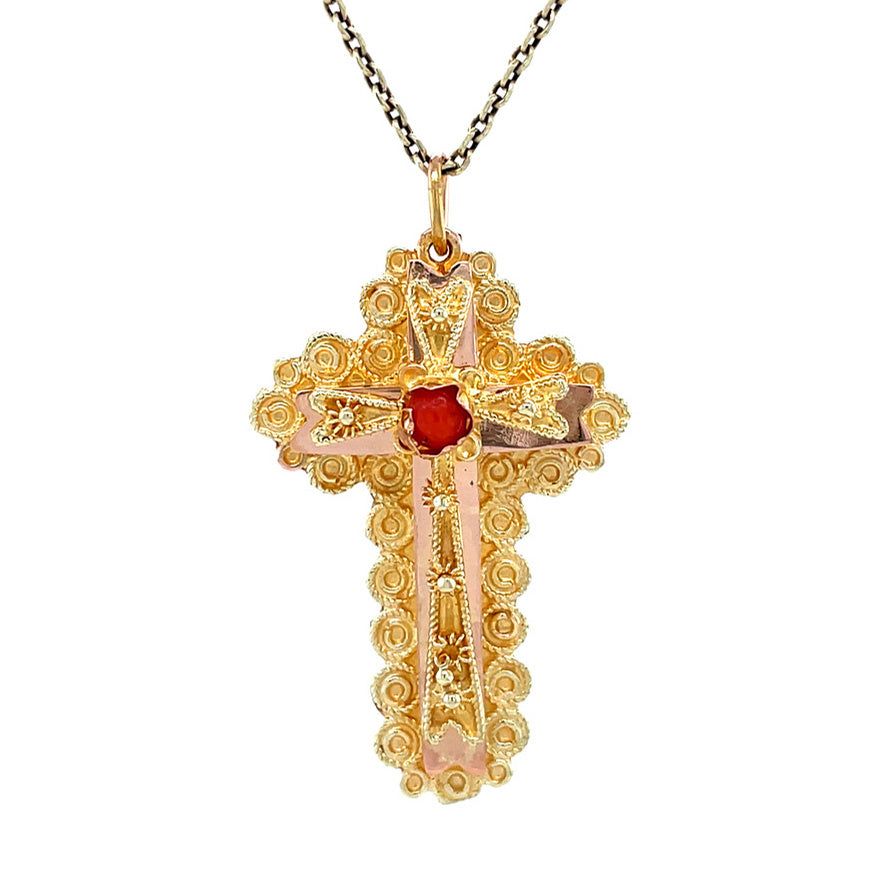 Vintage 14K Gold Cross Pendant with Red Coral