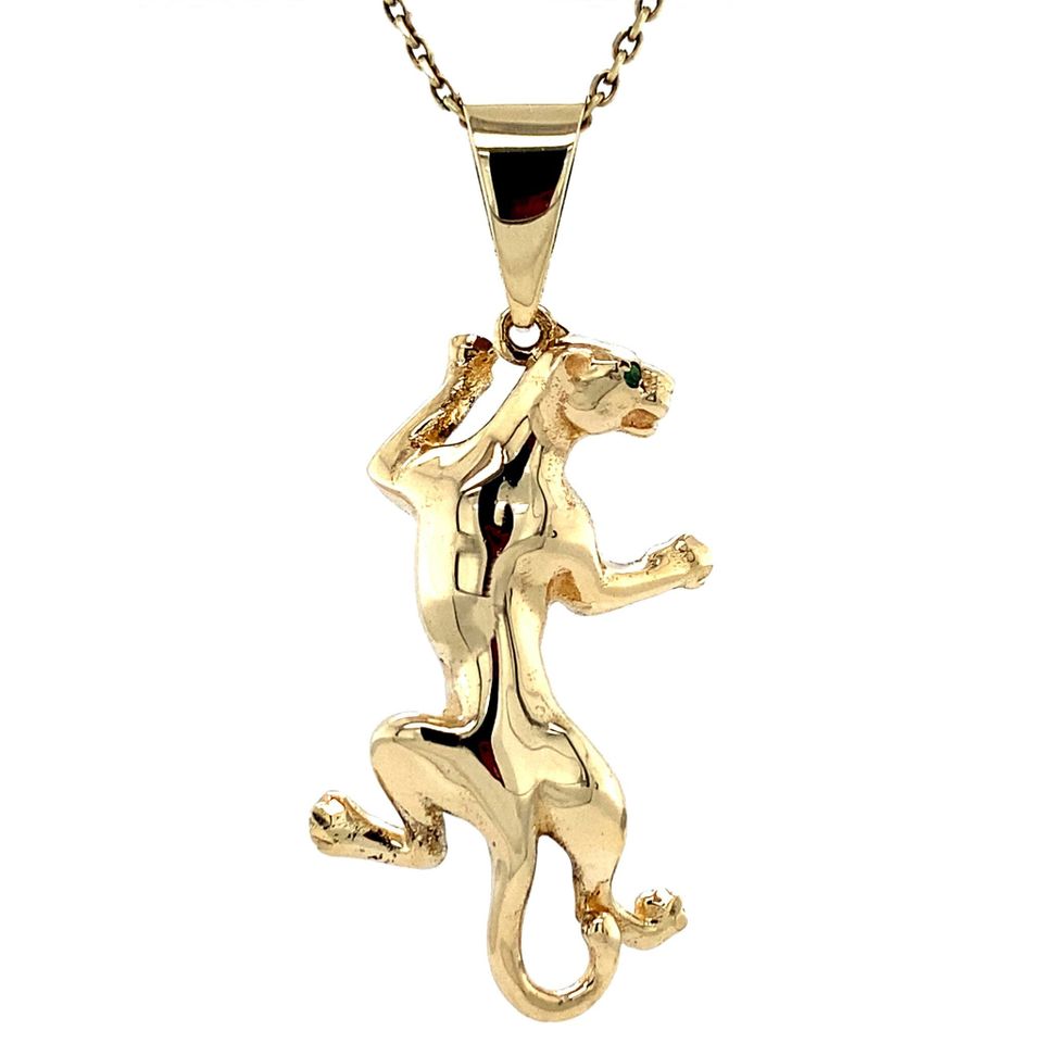 Vintage 14K Gold Panther Pendant with Colored Stone