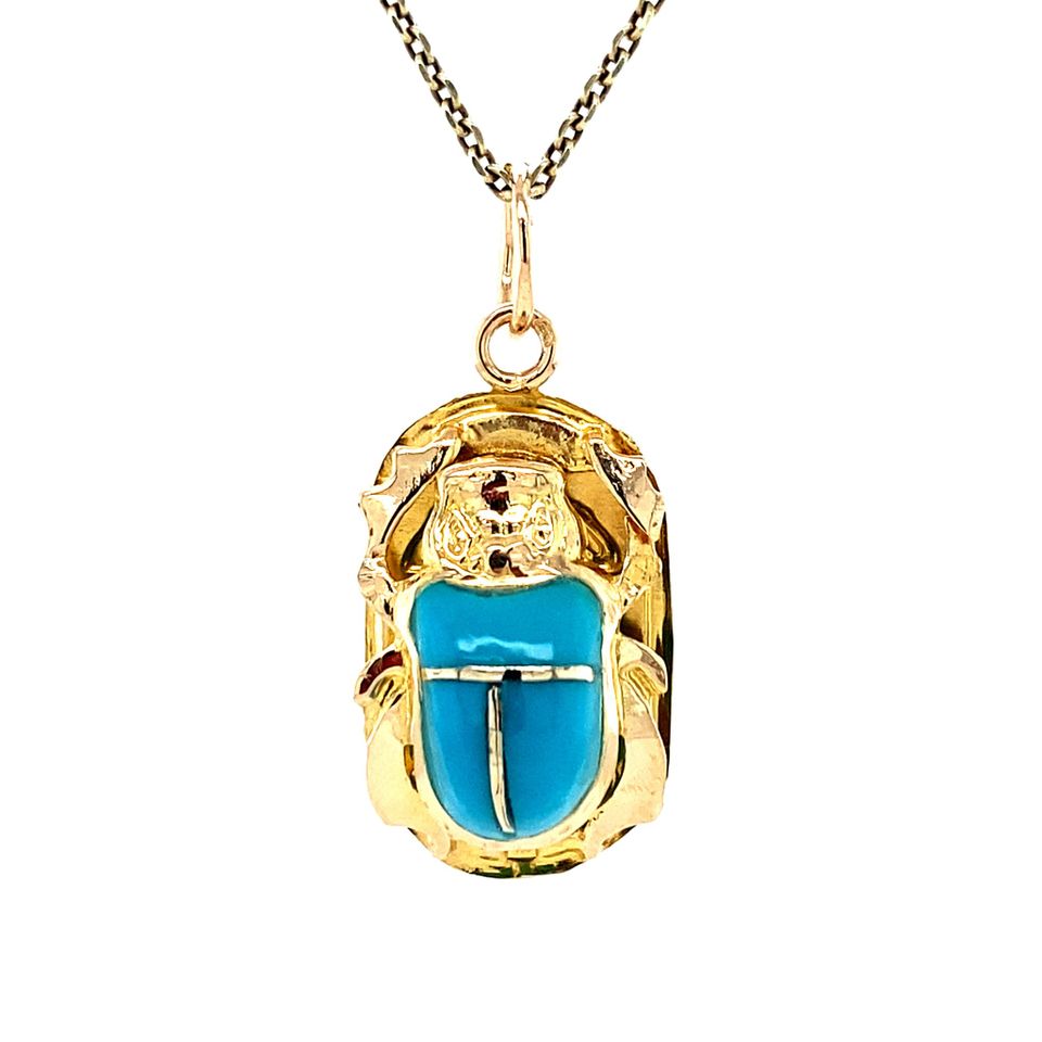 Vintage 18K Gold Scarabee Pendant with Blue Colored Stone