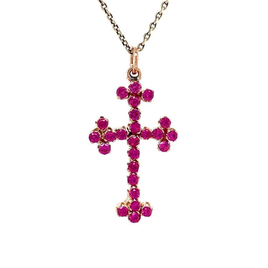 Vintage 18K Rose Gold Cross Pendant with Ruby