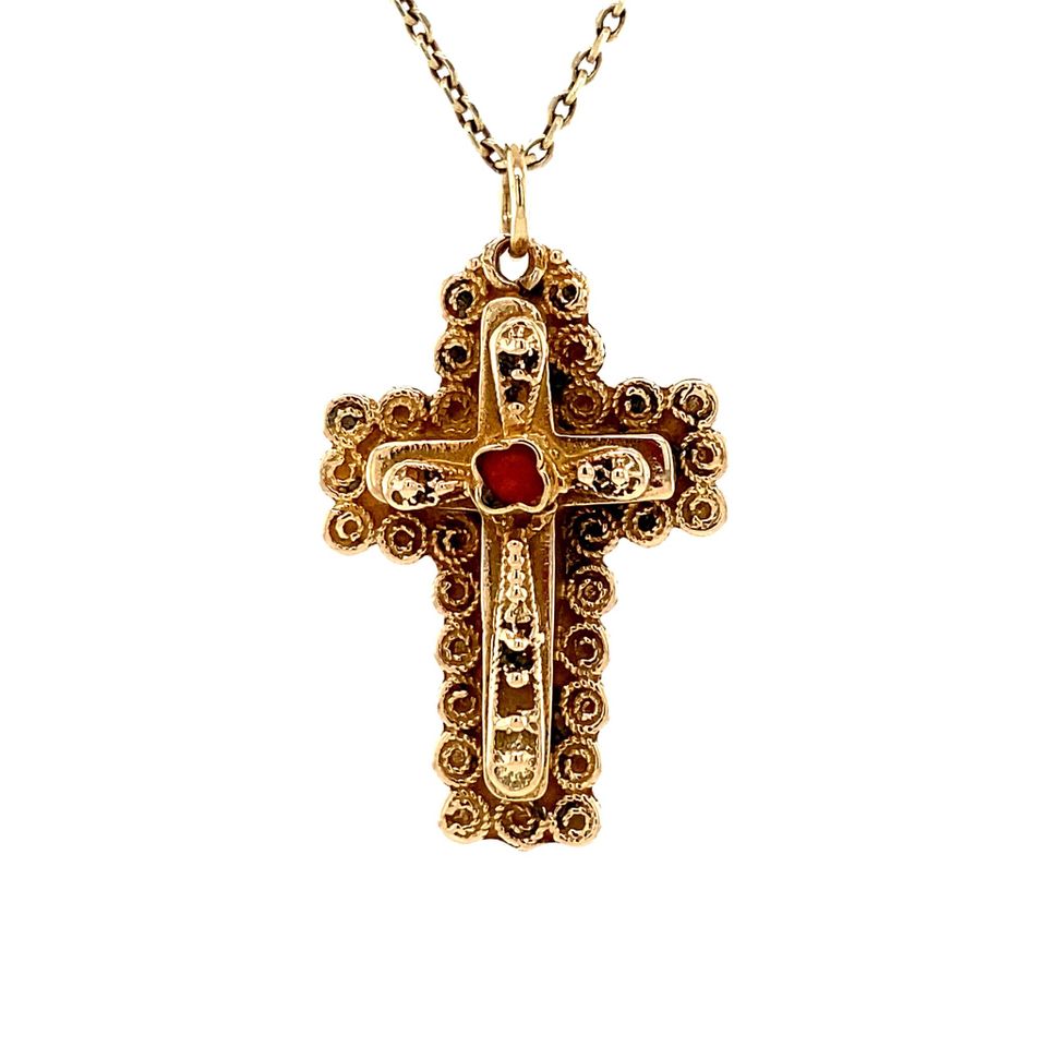 Vintage 14K Gold Pendant Cross with Red Coral