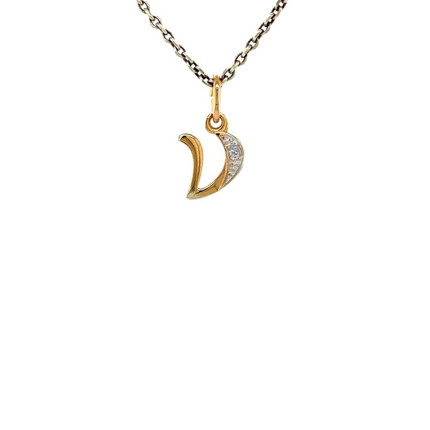 Vintage 14K Gold Letter V Pendant with Diamond
