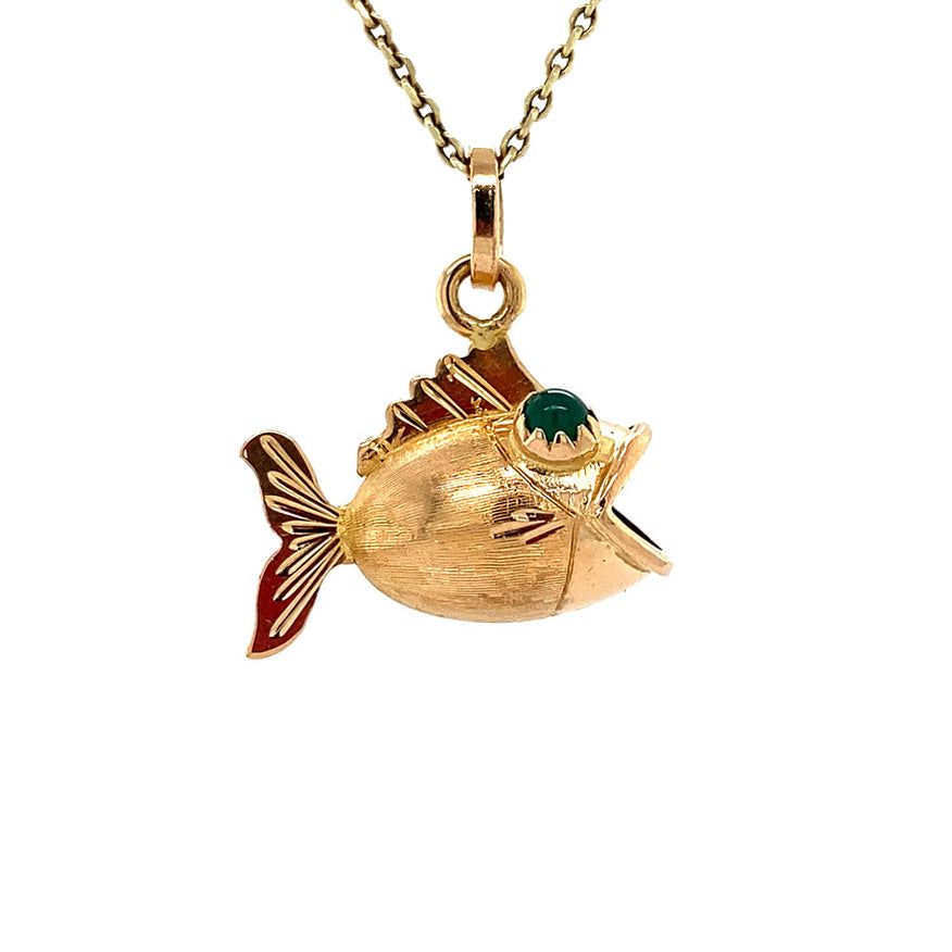 Vintage 18K Gold Pendant Fish with Green Colored Stone