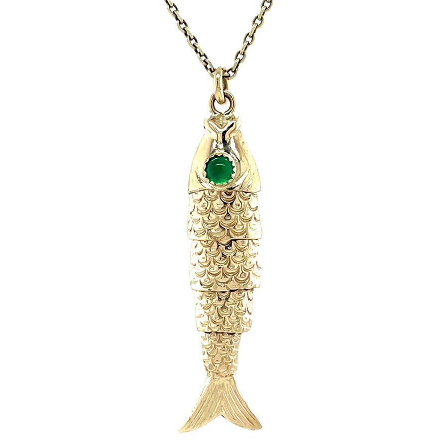 Vintage 14K Gold Fish Pendant with Colored Stone