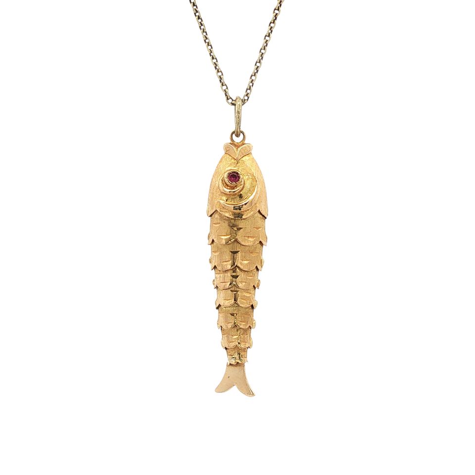 Vintage 14K Gold Fish Pendant with Ruby