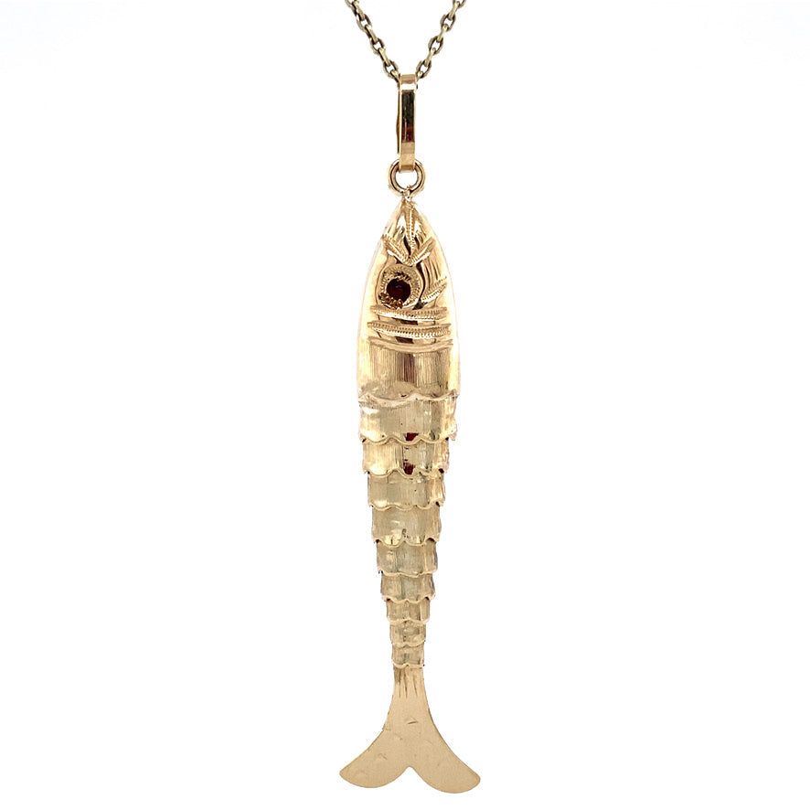 Vintage 14K Gold Fish Pendant with Colored Stone