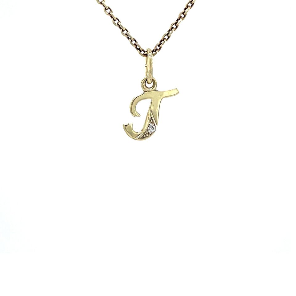 Vintage 14K Gold Letter T Pendant with Diamond