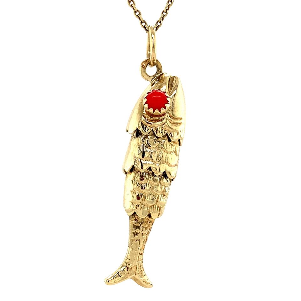 Vintage 14K Gold Pendant Fish with Red Coral