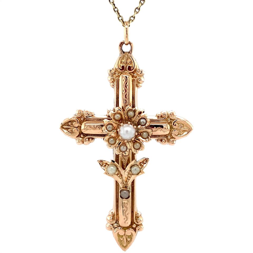 Vintage 14K Rose Gold Cluster Cross Pendant with Pearl