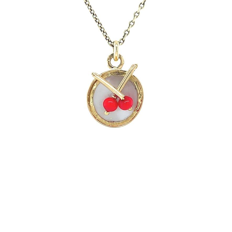 Vintage 14K Gold Trommel Pendant with Mother of Pearl and Colored Stone
