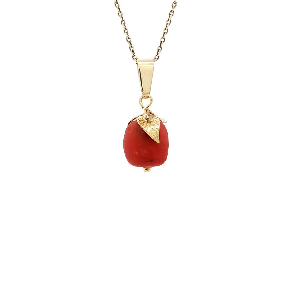 Vintage 14K Gold Pendant with Red Coral and Cubic Zirconia