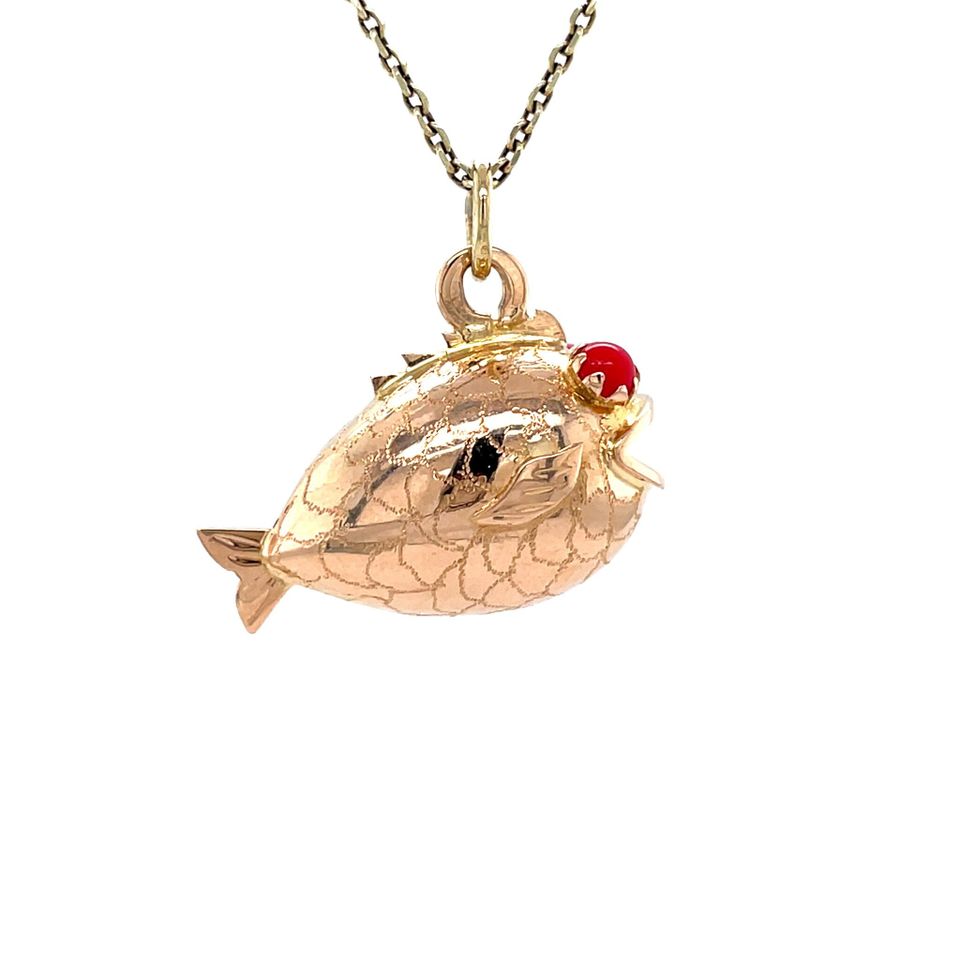 Vintage 14K Rose Gold Fish Pendant with Colored Stone