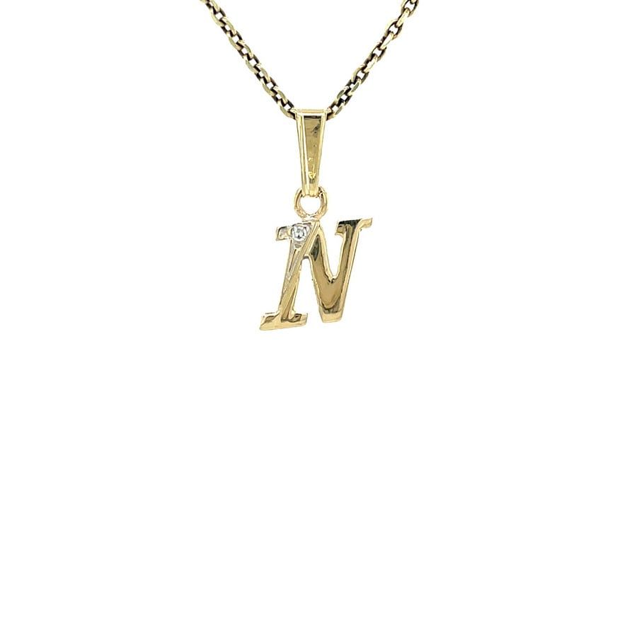 Vintage 14K Gold Letter 'N' Pendant with Diamond