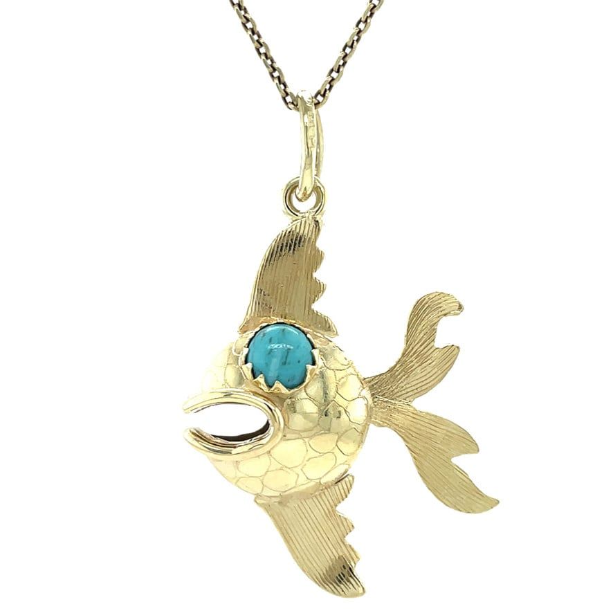 Vintage 14K Gold Fish Pendant with Colored Stone