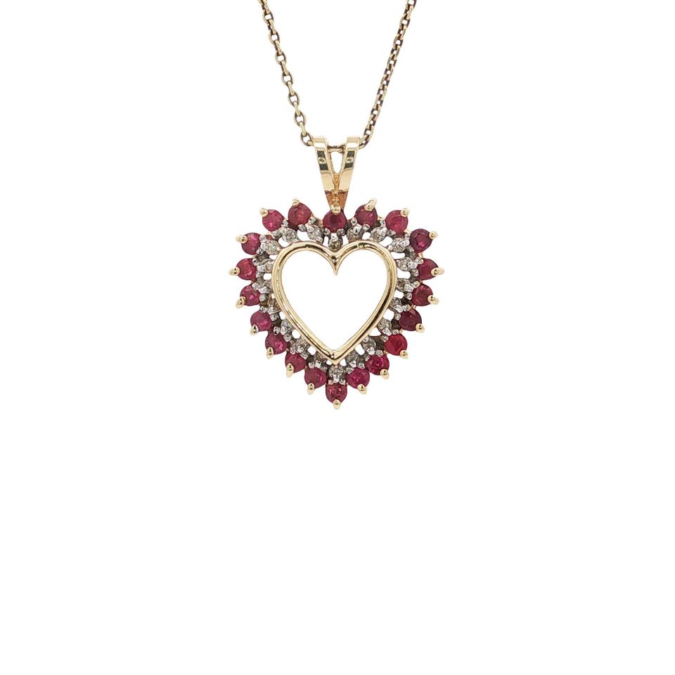 Vintage Heart 10K Gold Pendant with Ruby and Diamond