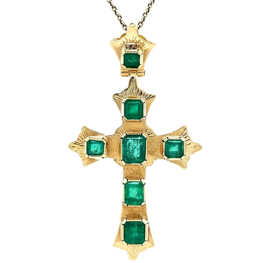Vintage 14K Gold Cross Pendant with Emerald