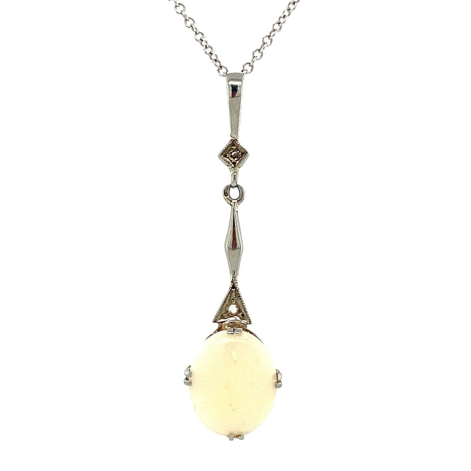 Vintage 14K White Gold Pendant with Opal and Rose Cut Diamond