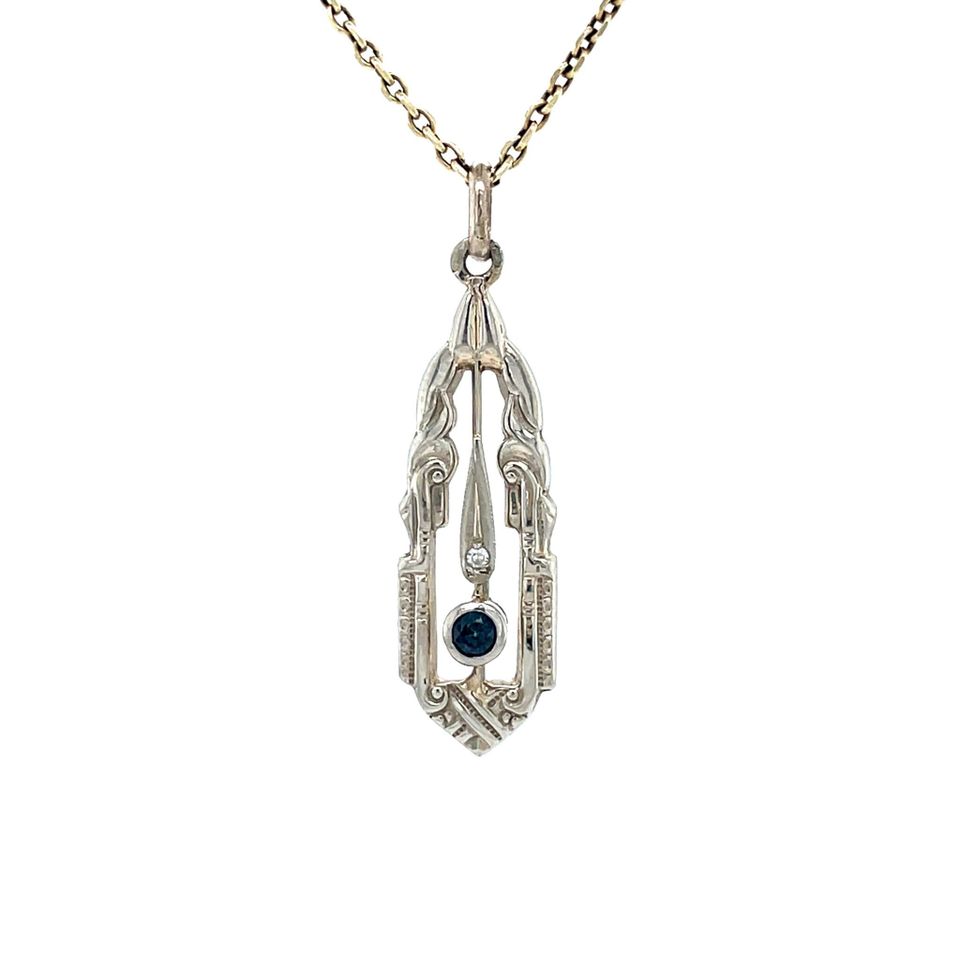 Vintage 14K White Gold Pendant with Sapphire and Diamond