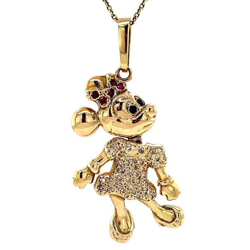 Vintage 14K Gold Minnie Mouse Pendant with Ruby, Sapphire and Diamond