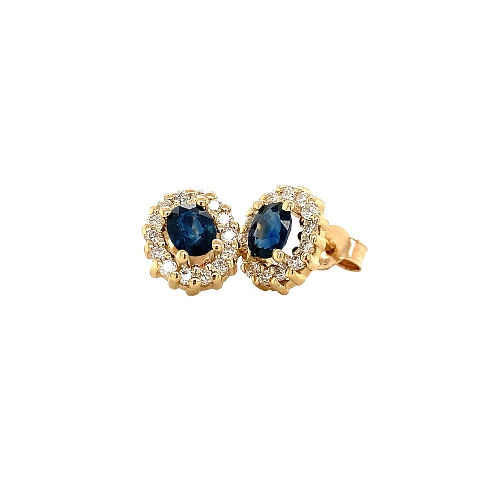 Vintage Cluster 12K Gold Stud Earrings with Natural Sapphire and Diamond