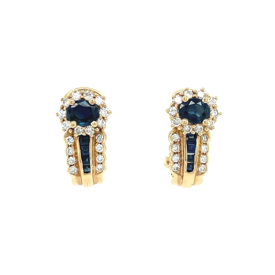 Vintage 14K Gold Cluster Stud Earrings with Sapphire and Diamond