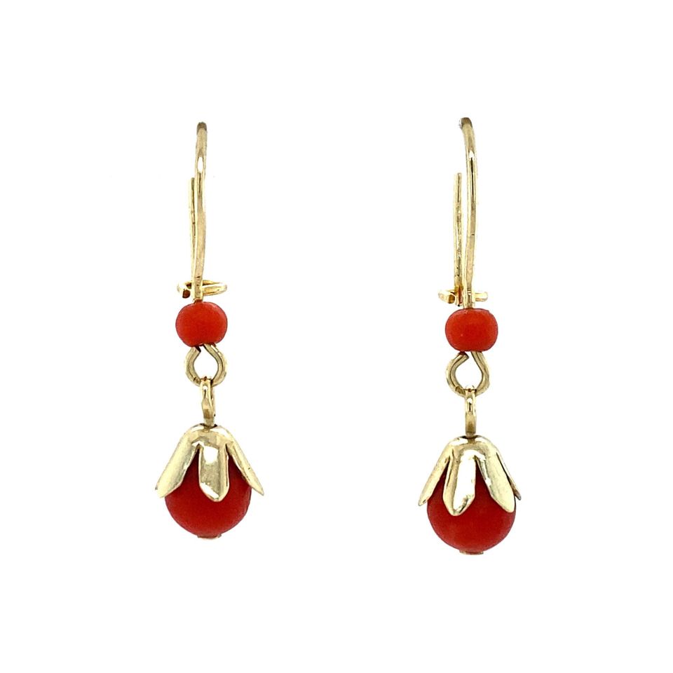 Vintage 14K Gold Drop Earrings with Red Coral