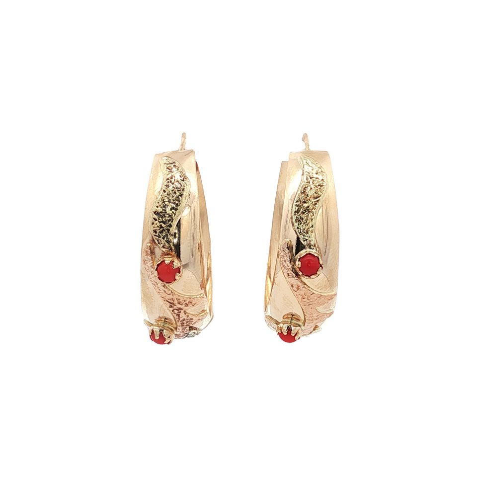 Vintage 14K Gold Hoop Earrings with Colored Stone