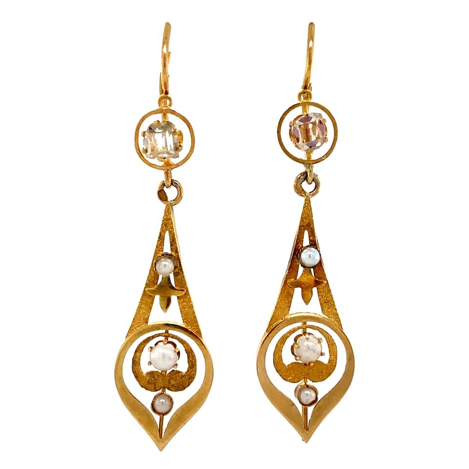 Vintage 18K Gold Drop Earrings with Pearl and Diamond