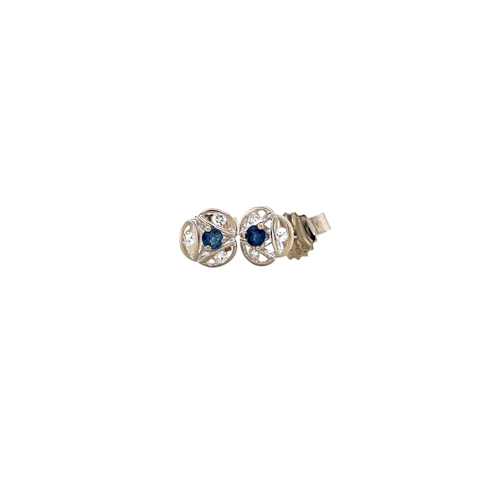 Vintage 14K White Gold Stud Earrings with Sapphire and Diamond