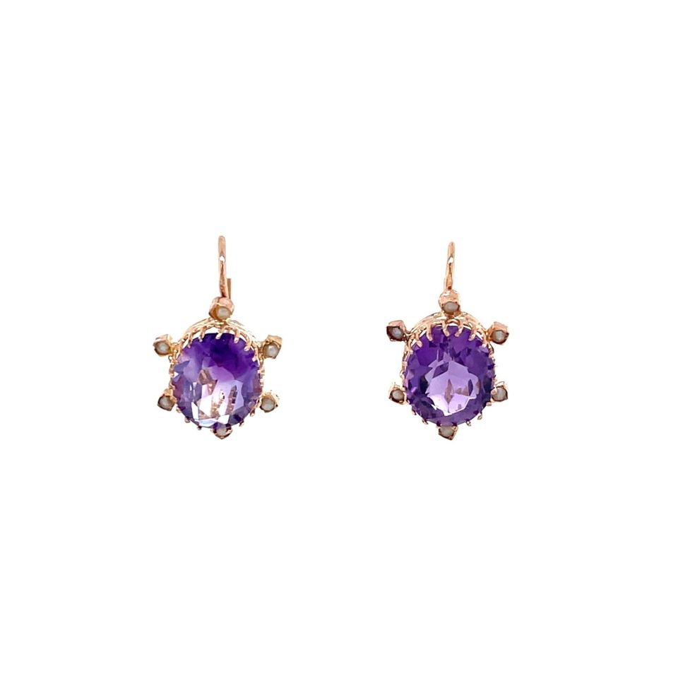 Vintage 8K Rose Gold Drop Earrings with Amethyst and Pearl