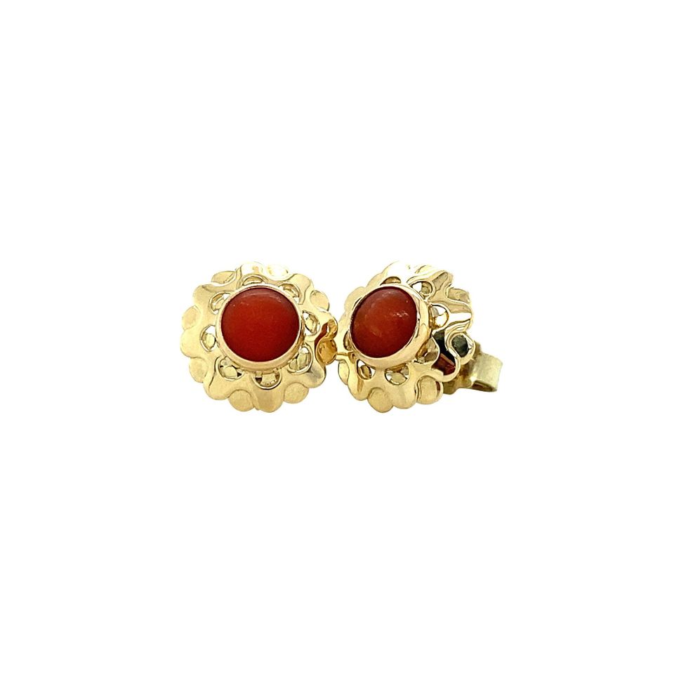 Vintage 14K Gold Stud Earrings with Red Coral