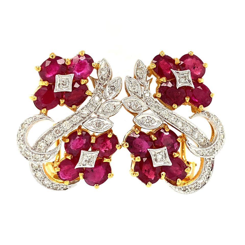 Vintage 18K Gold Drop Earrings with Ruby and Diamond