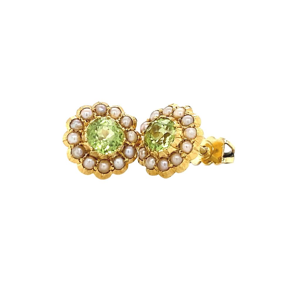 Vintage 14K Gold Cluster Stud Earrings with Peridot and Pearl