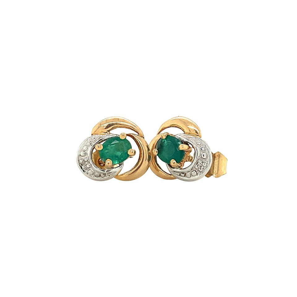 Vintage 14K Gold Stud Earrings with Natural Emerald and Diamond