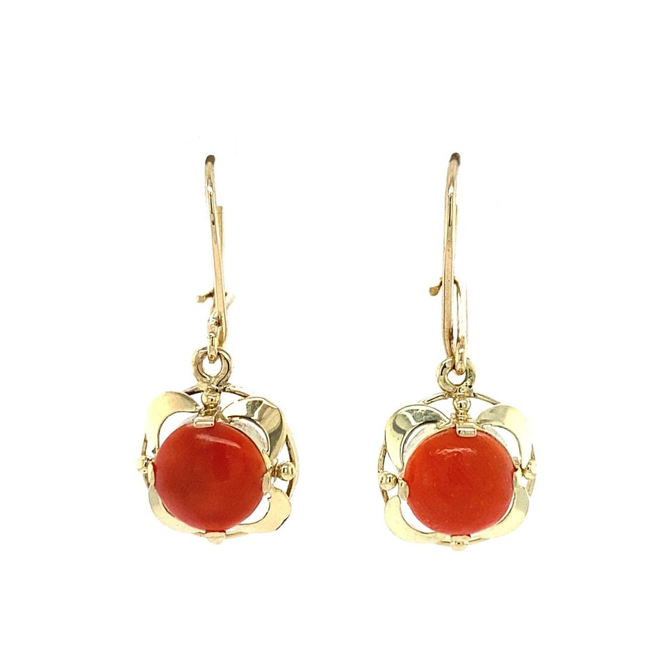Vintage 14K Gold Drop Earrings with Red Coral