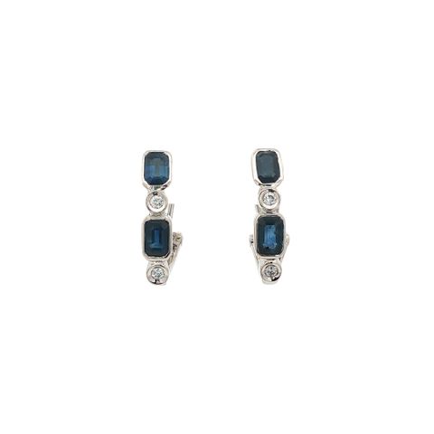 Vintage 18K White Gold Stud Earrings with Sapphire and Diamond