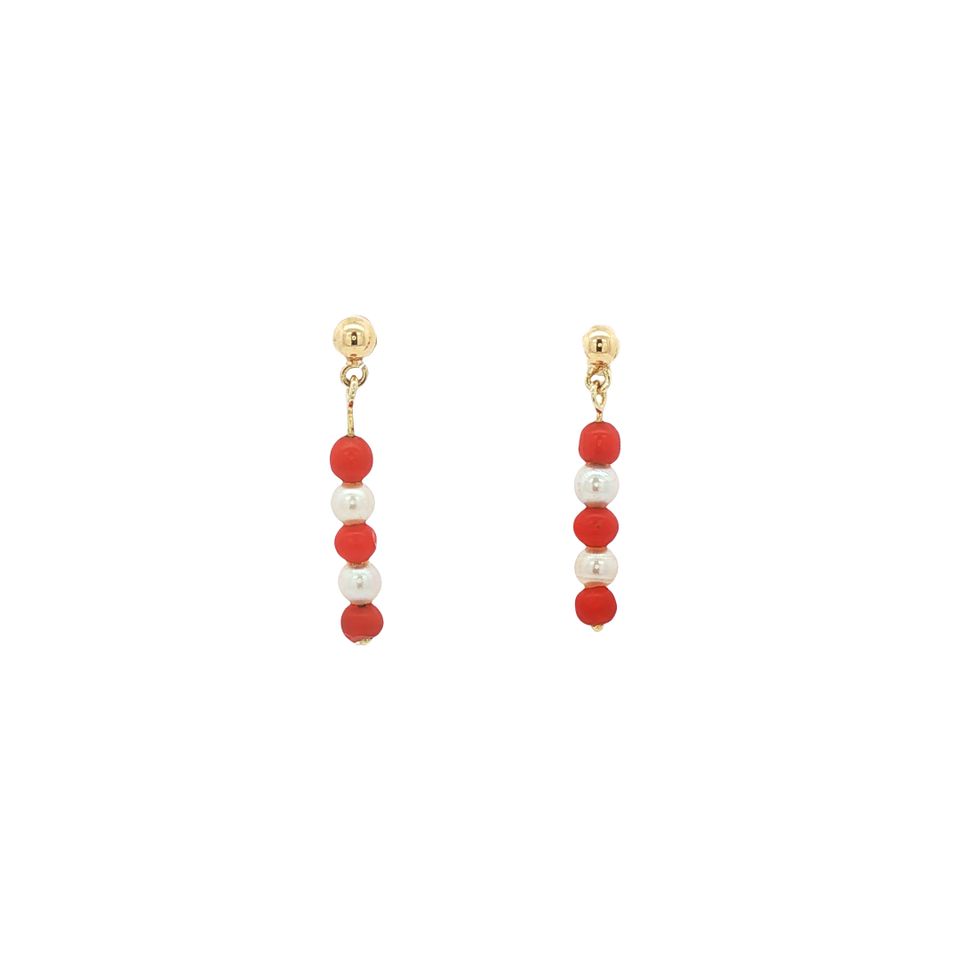 Vintage 14K Gold Stud Earrings with Pearl and Red Coral