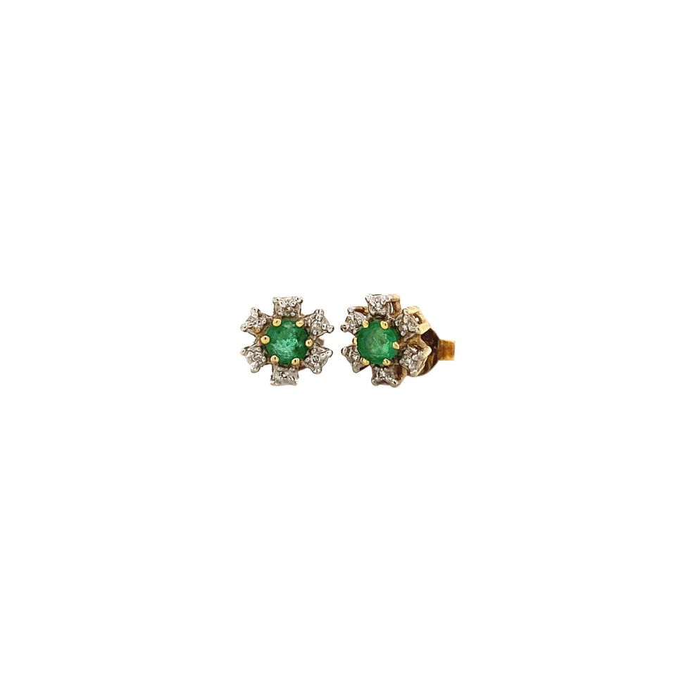 Vintage 14K Gold Stud Earrings with Diamond and Emerald