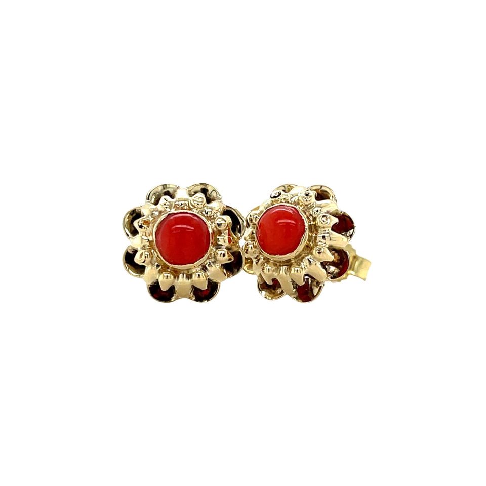 Vintage 14K Gold Stud Earrings with Red Coral