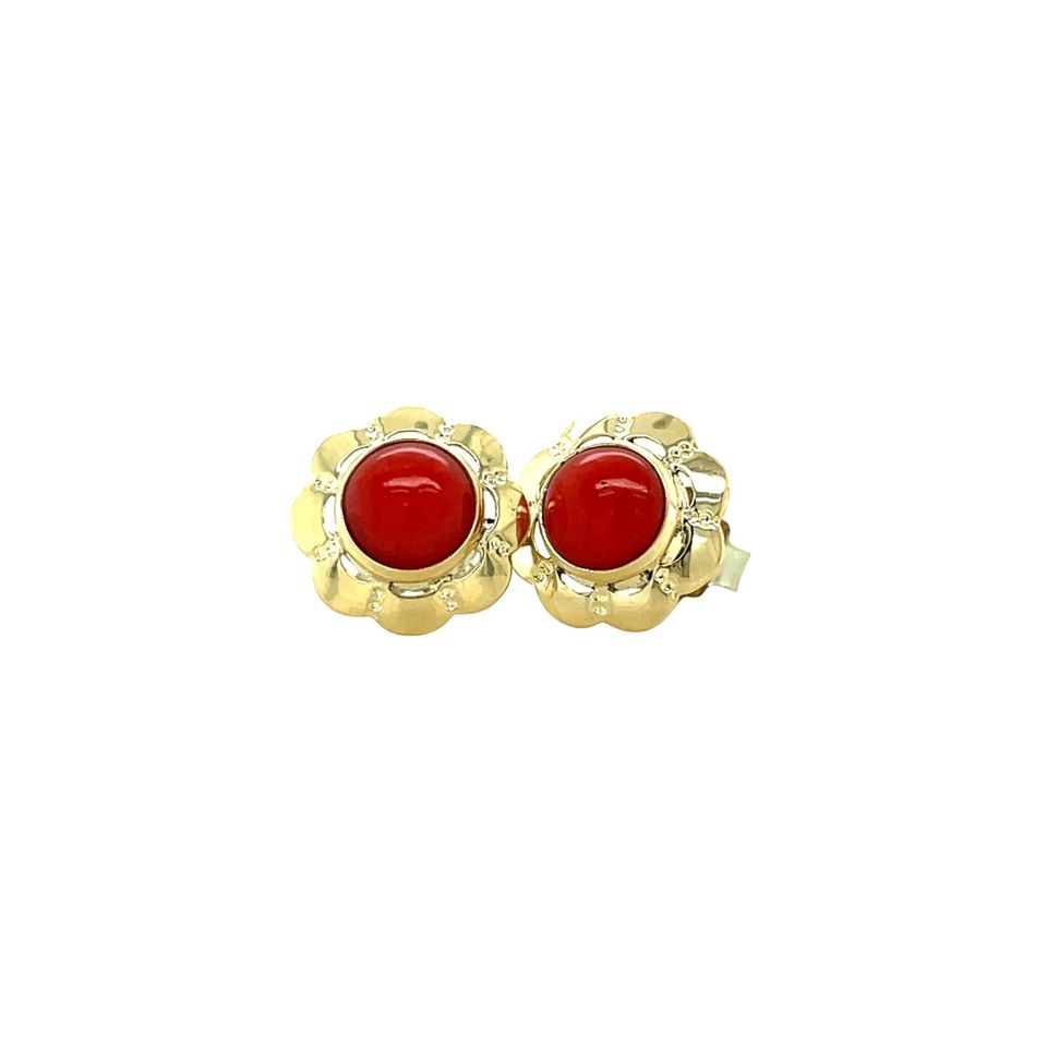 Vintage 14K Gold Stud Earrings with Red Coral