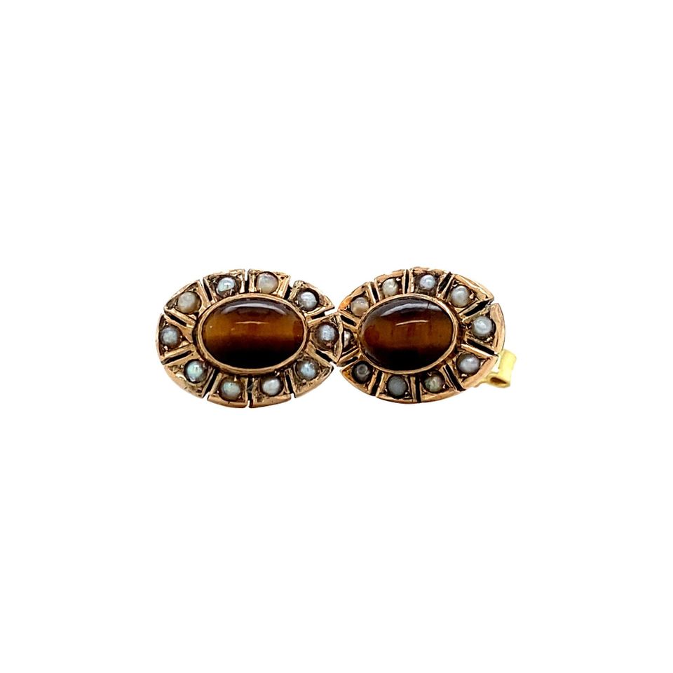 Vintage 8K Gold Stud Earrings with Tiger's Eye and Pearl