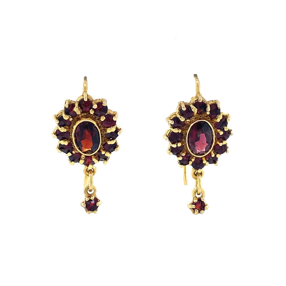 Vintage 14K Gold Cluster Drop Earrings with Garnet