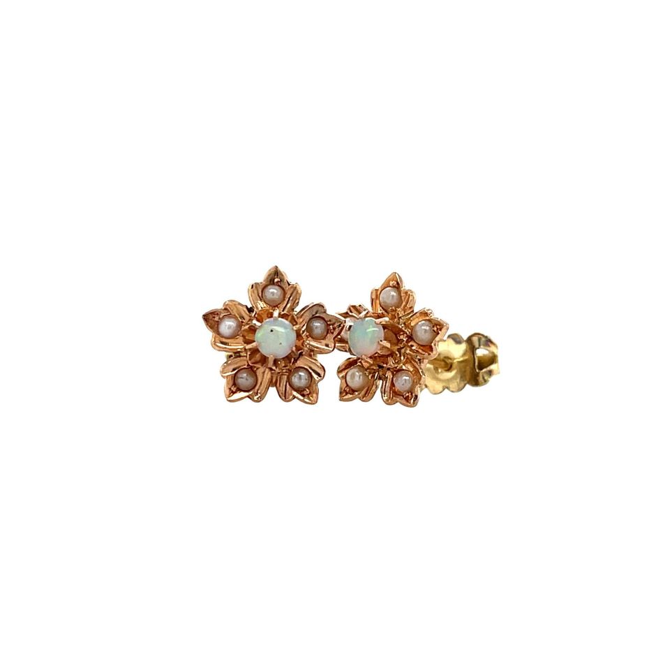 Vintage 14K Rose Gold Cluster Stud Earrings with Opal and Pearl